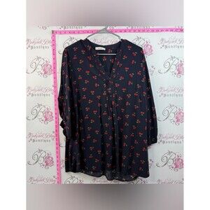 mandee blouse cherries 🍒 printed flowy shirt Navy Blouse with Red Cherry Print